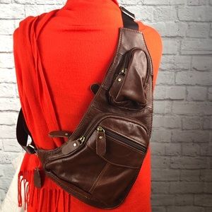 Vintage brown leather sling bag unisex